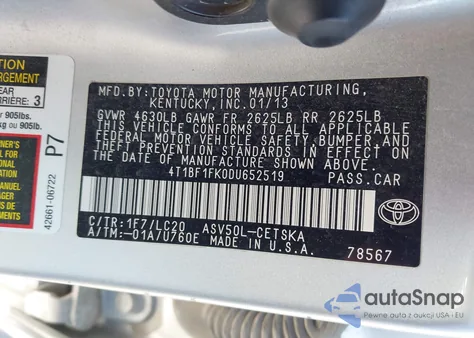 2013 Toyota Camry Se from USA, damaged, VIN 4T1BF1FK0DU652519